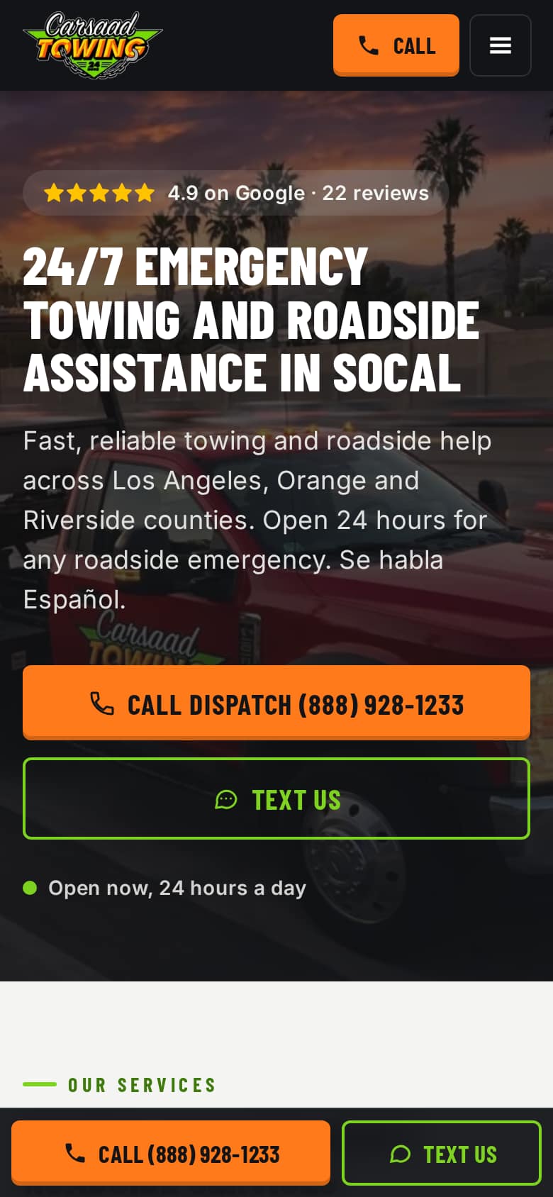 The Carsaad Towing home page on a phone, with the call and text bar at the bottom